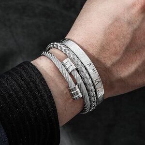 3PCS Men Stainless Steel Bangle Bracelet Twisted Cable Bracelet Adjustable Cuff
